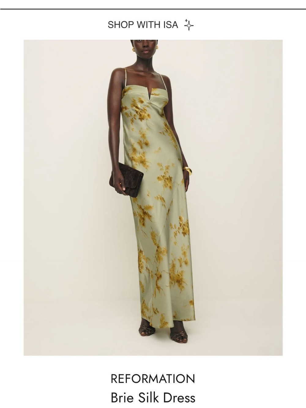Reformation Silk Maxi Dress in Sage with Mustard Floral